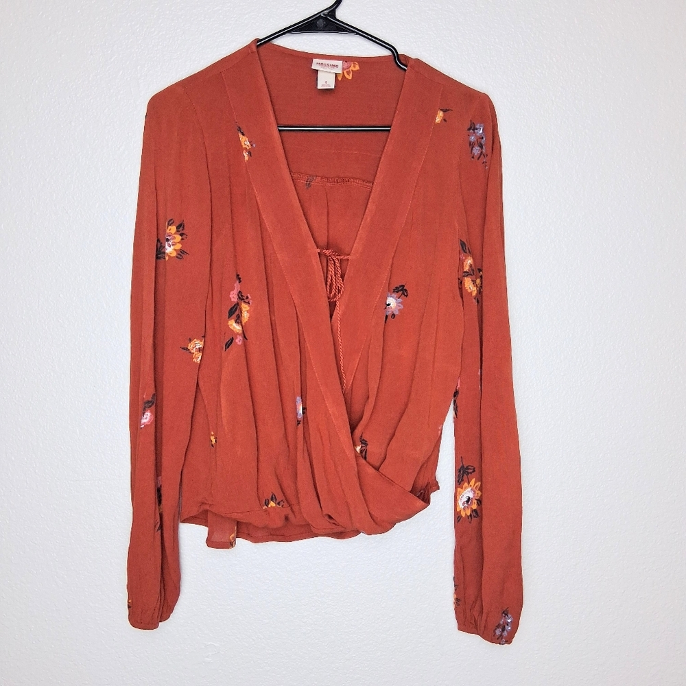 Womens Blouse In Orange With Flower Detail Size Small Cross Front Detail